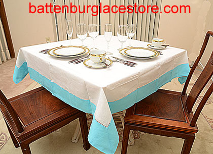Square Tablecloth. White with color trim. 54 in. Square. - Click Image to Close